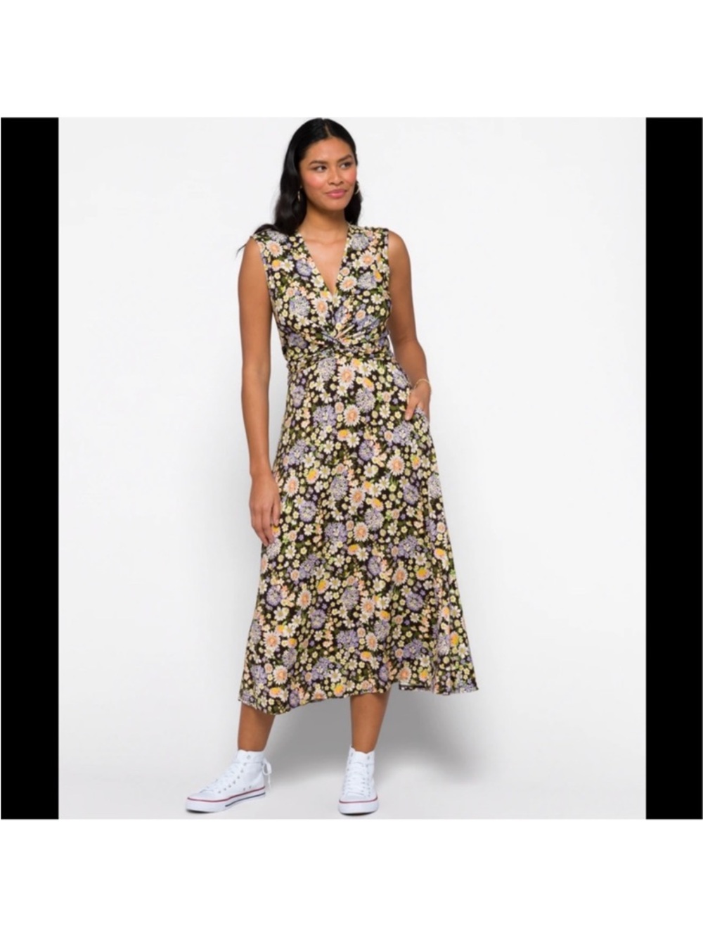 NWT! Amour Vert “olive knit” lavender yellow black floral midi dress M